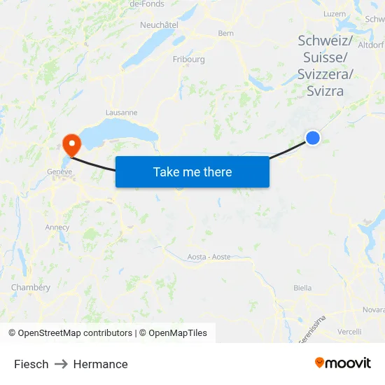 Fiesch to Hermance map