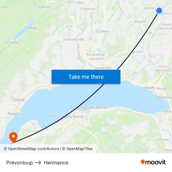 Prévonloup to Hermance map
