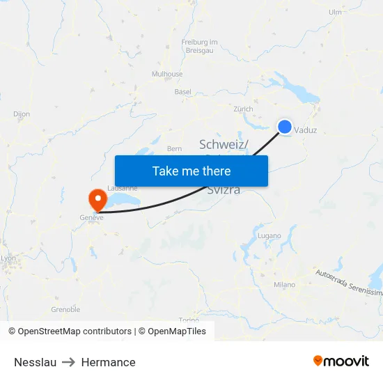 Nesslau to Hermance map