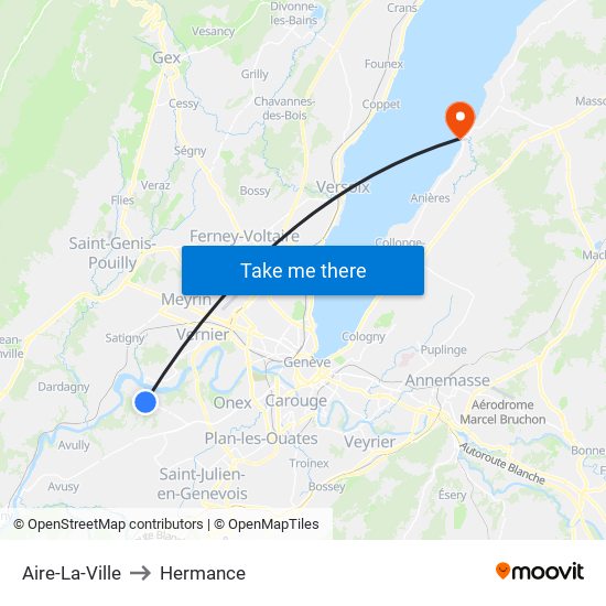 Aire-La-Ville to Hermance map