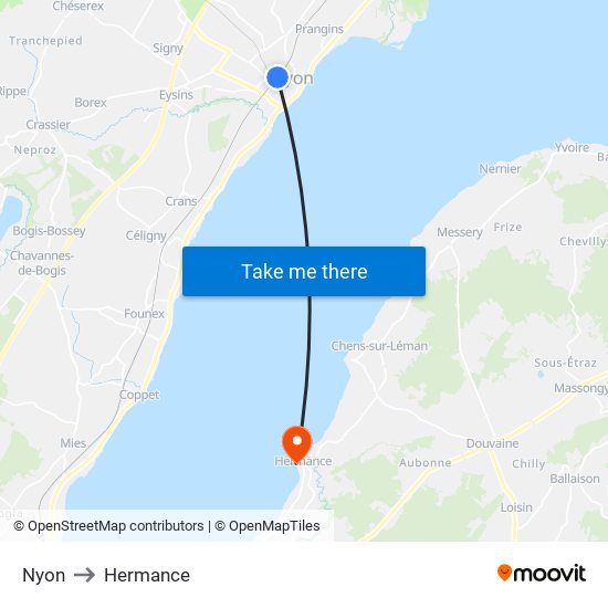 Nyon to Hermance map