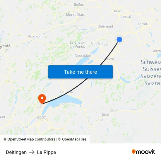 Deitingen to La Rippe map