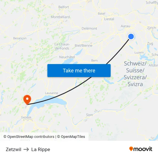 Zetzwil to La Rippe map