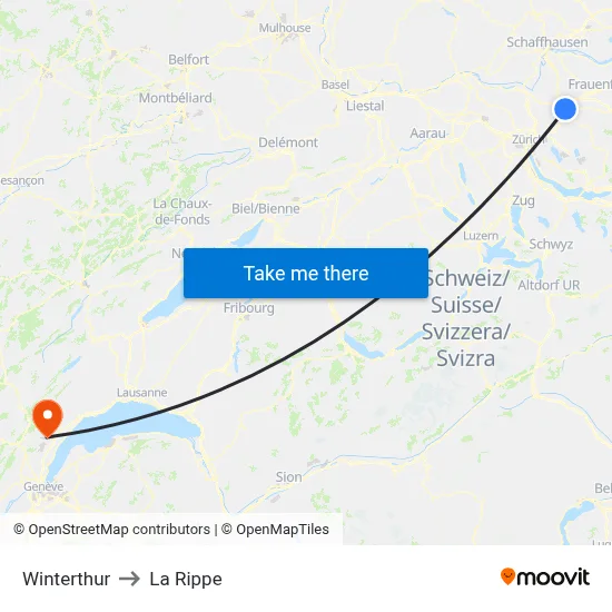 Winterthur to La Rippe map
