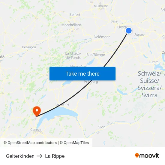 Gelterkinden to La Rippe map