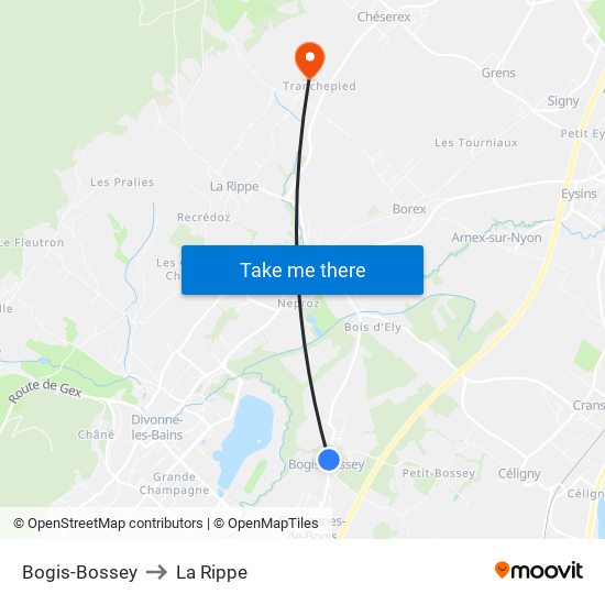 Bogis-Bossey to La Rippe map