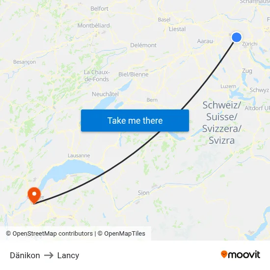 Dänikon to Lancy map
