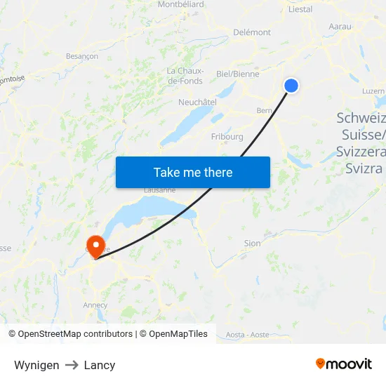 Wynigen to Lancy map