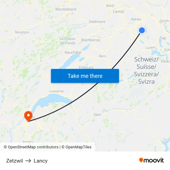 Zetzwil to Lancy map
