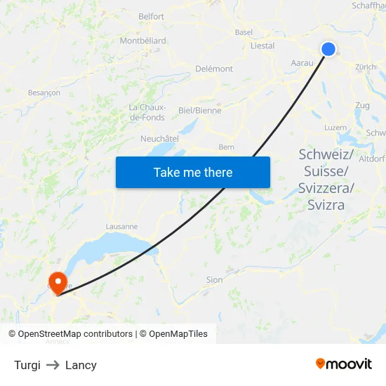 Turgi to Lancy map