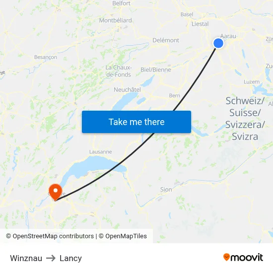 Winznau to Lancy map
