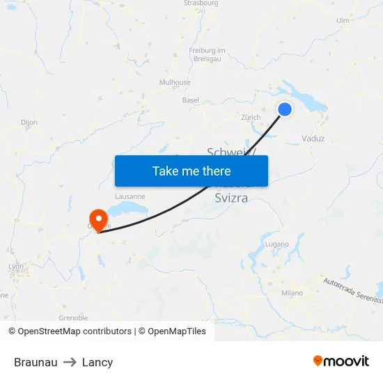 Braunau to Lancy map