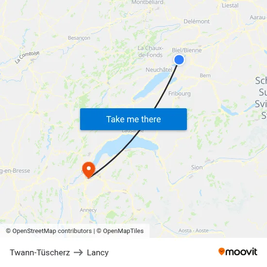Twann-Tüscherz to Lancy map