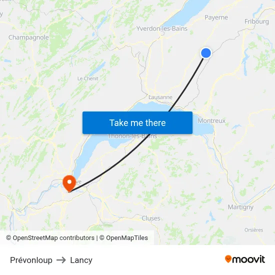 Prévonloup to Lancy map