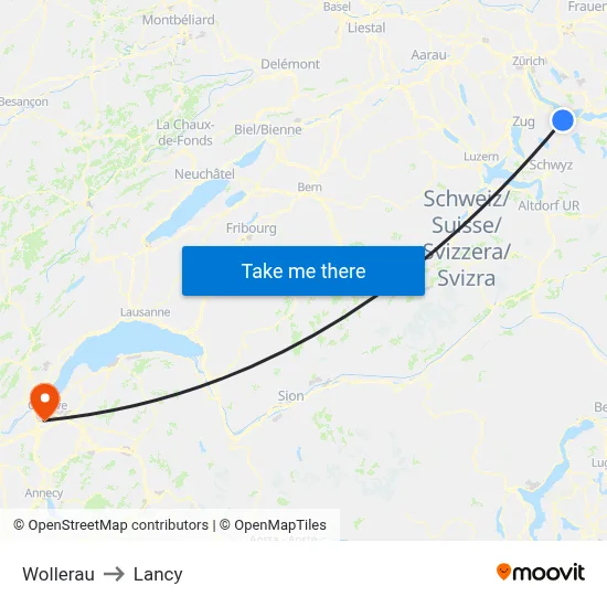 Wollerau to Lancy map