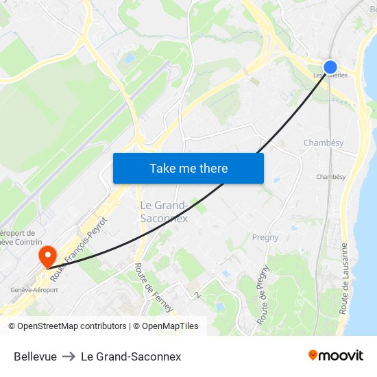Bellevue to Le Grand-Saconnex map