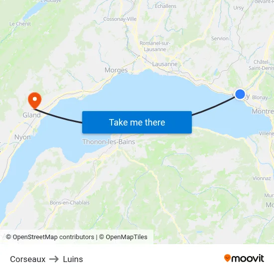 Corseaux to Luins map