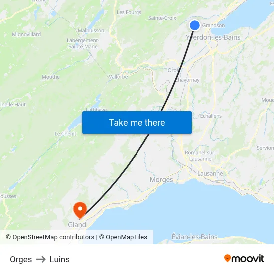 Orges to Luins map