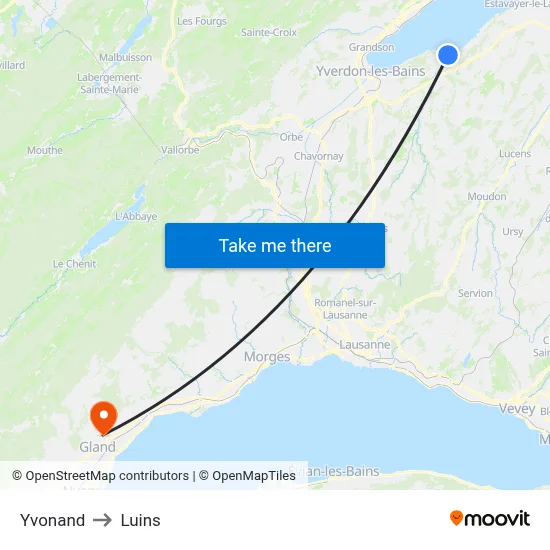 Yvonand to Luins map