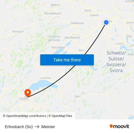 Erlinsbach (So) to Meinier map