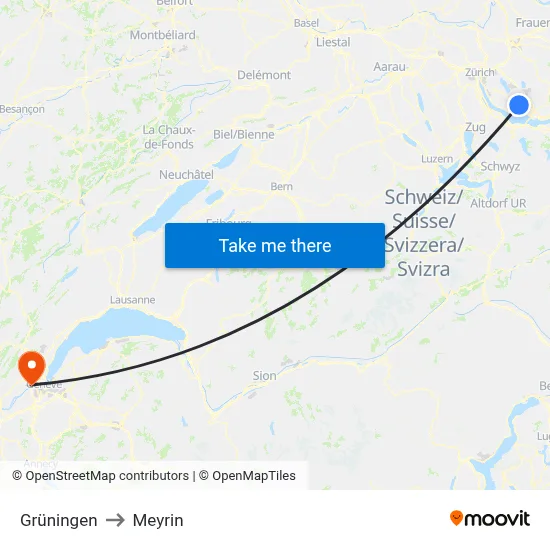 Grüningen to Meyrin map