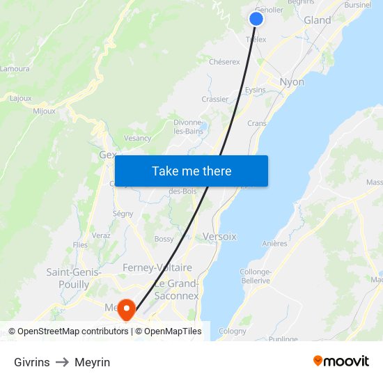 Givrins to Meyrin map