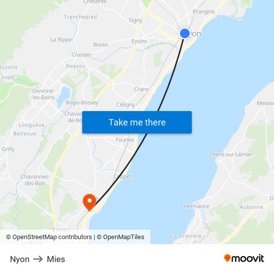 Nyon to Mies map