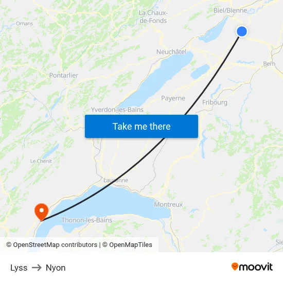 Lyss to Nyon map