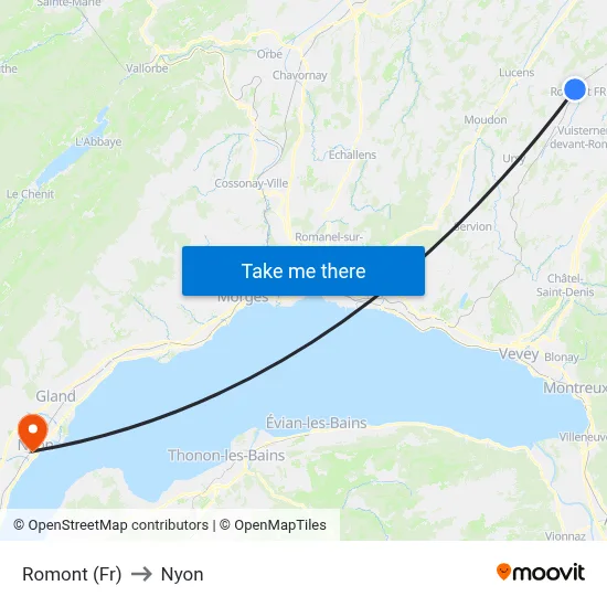 Romont (Fr) to Nyon map