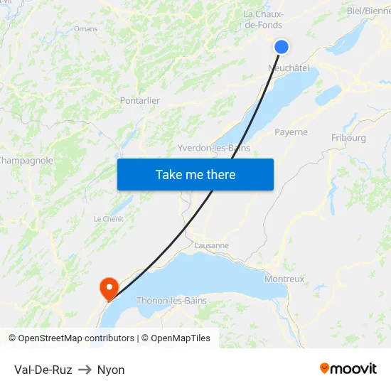 Val-De-Ruz to Nyon map