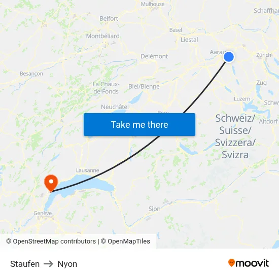 Staufen to Nyon map