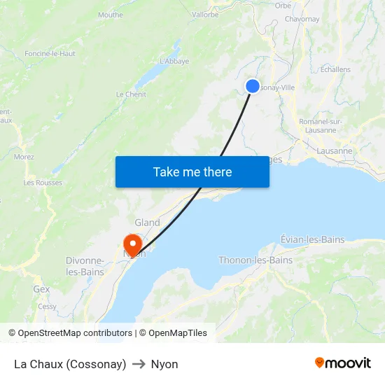 La Chaux (Cossonay) to Nyon map
