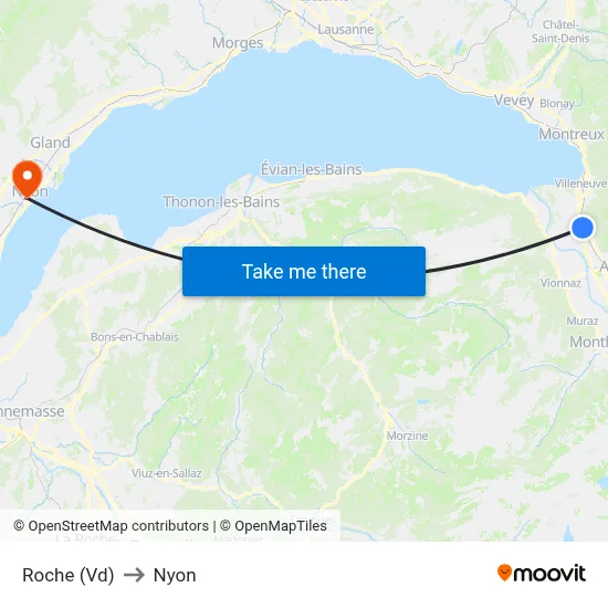 Roche (Vd) to Nyon map
