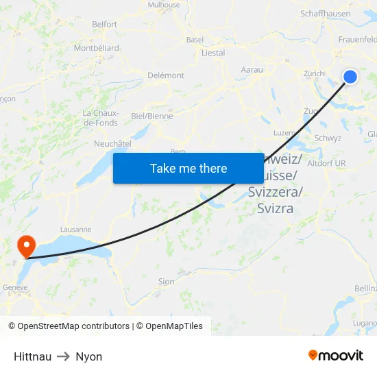Hittnau to Nyon map