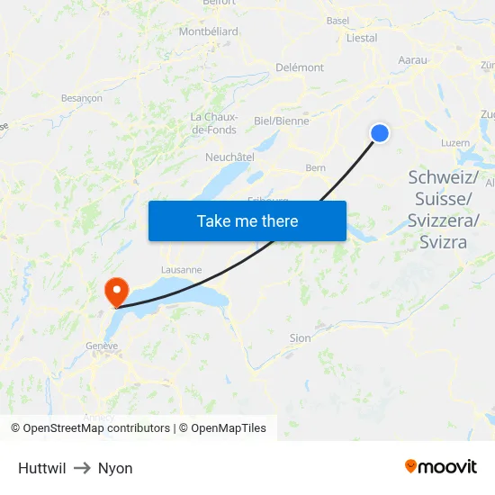 Huttwil to Nyon map