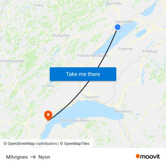 Milvignes to Nyon map