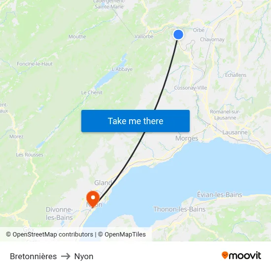Bretonnières to Nyon map
