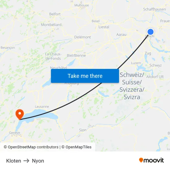 Kloten to Nyon map