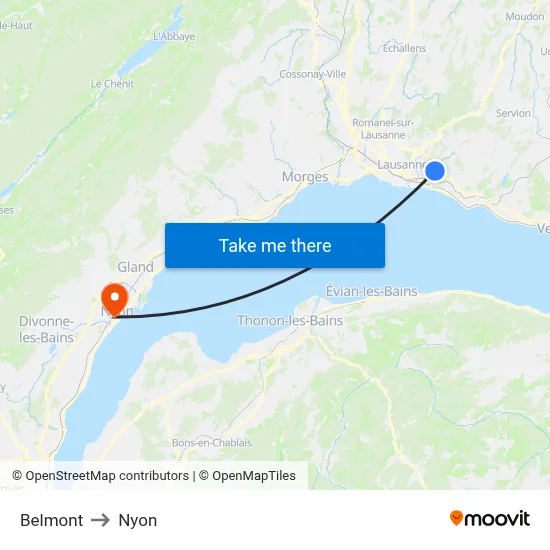 Belmont to Nyon map