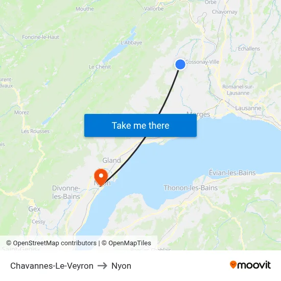 Chavannes-Le-Veyron to Nyon map