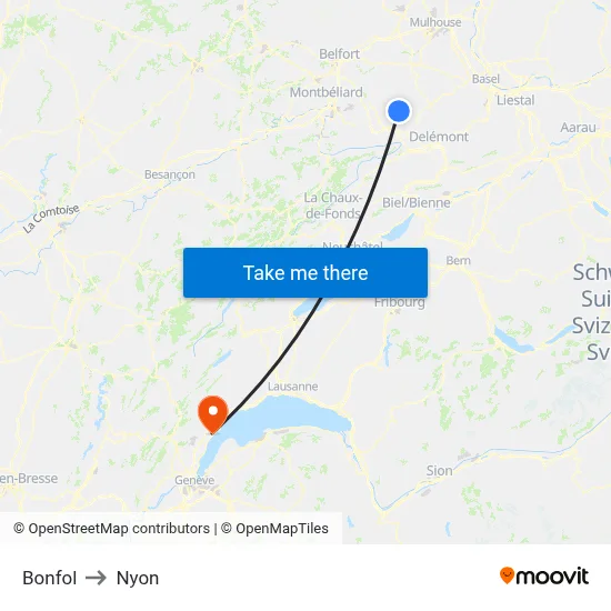Bonfol to Nyon map