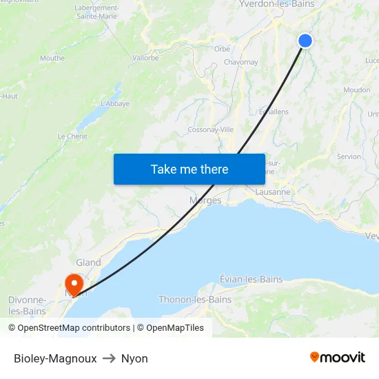 Bioley-Magnoux to Nyon map