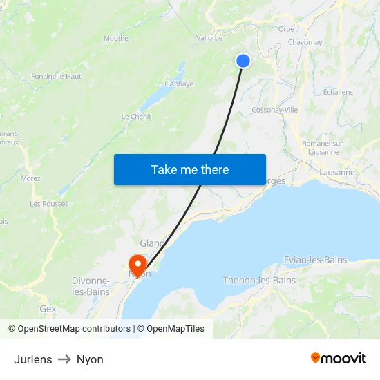 Juriens to Nyon map