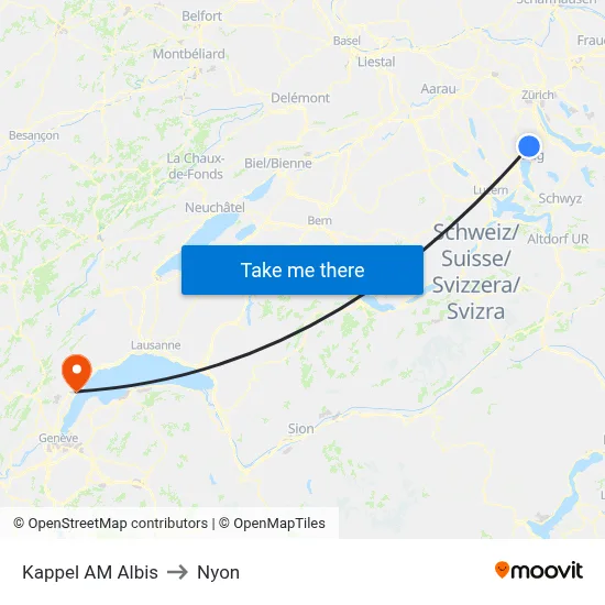 Kappel AM Albis to Nyon map