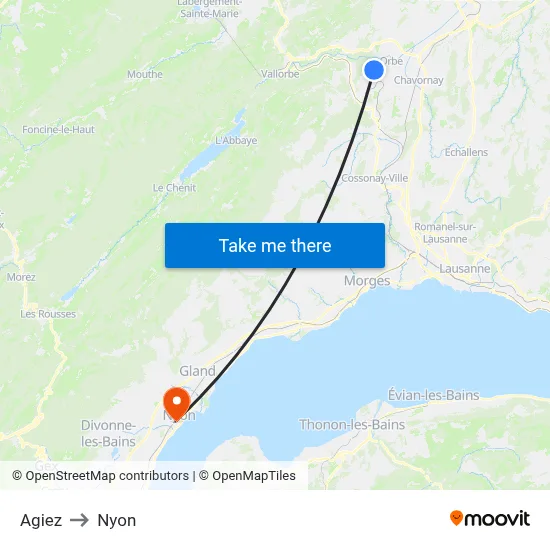 Agiez to Nyon map