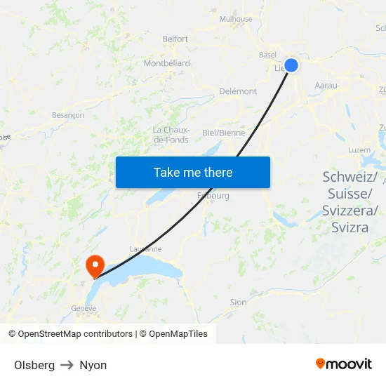 Olsberg to Nyon map