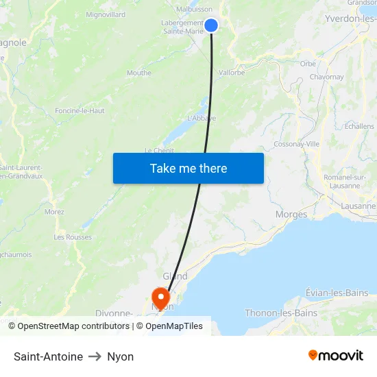 Saint-Antoine to Nyon map