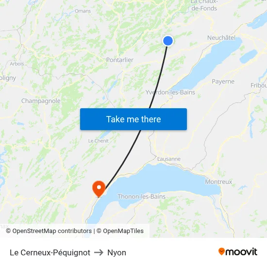 Le Cerneux-Péquignot to Nyon map