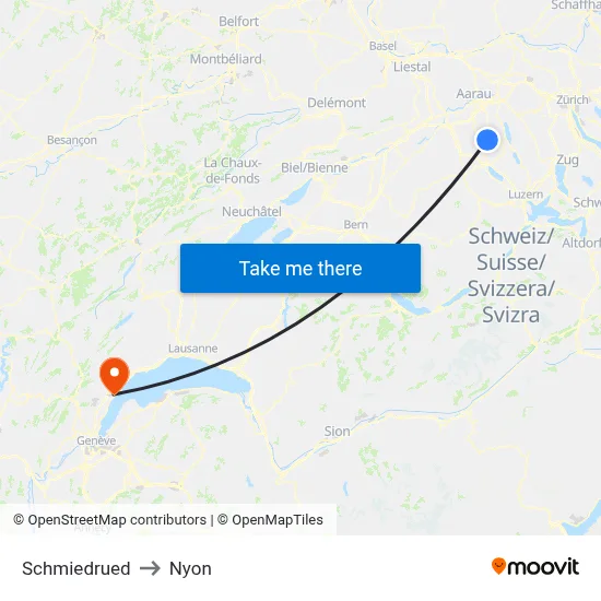 Schmiedrued to Nyon map