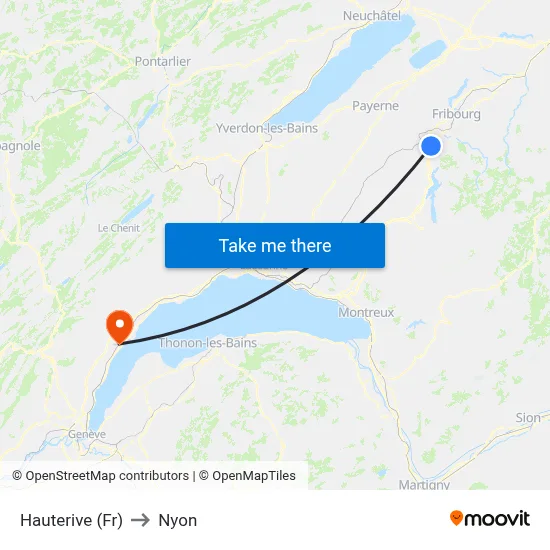 Hauterive (Fr) to Nyon map